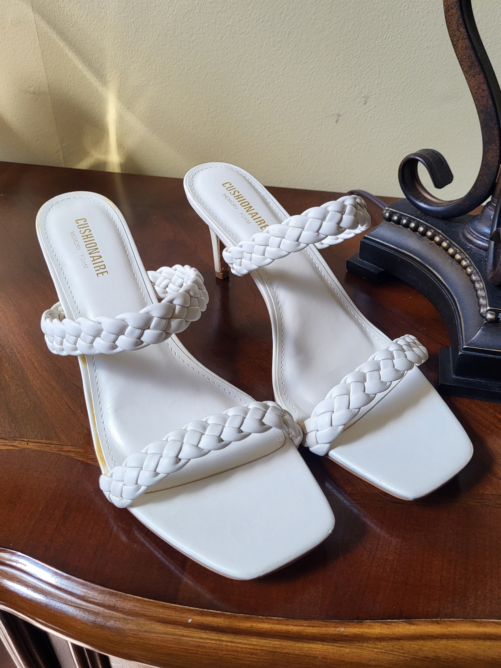 Cushionaire White Braided Strap Heeled Sandals